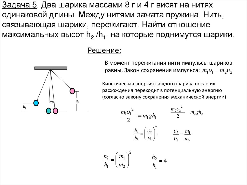 Задача 5. Два шарика массами 8 г и 4 г висят на нитях одинаковой длины. Между нитями зажата пружина. Нить, связывающая шарики,