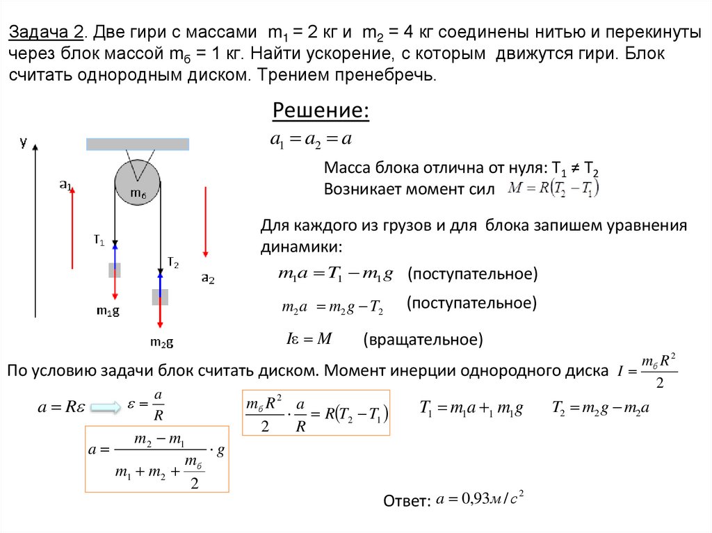 Задача 2. Две гири с массами m1 = 2 кг и m2 = 4 кг соединены нитью и перекинуты через блок массой mб = 1 кг. Найти ускорение, с