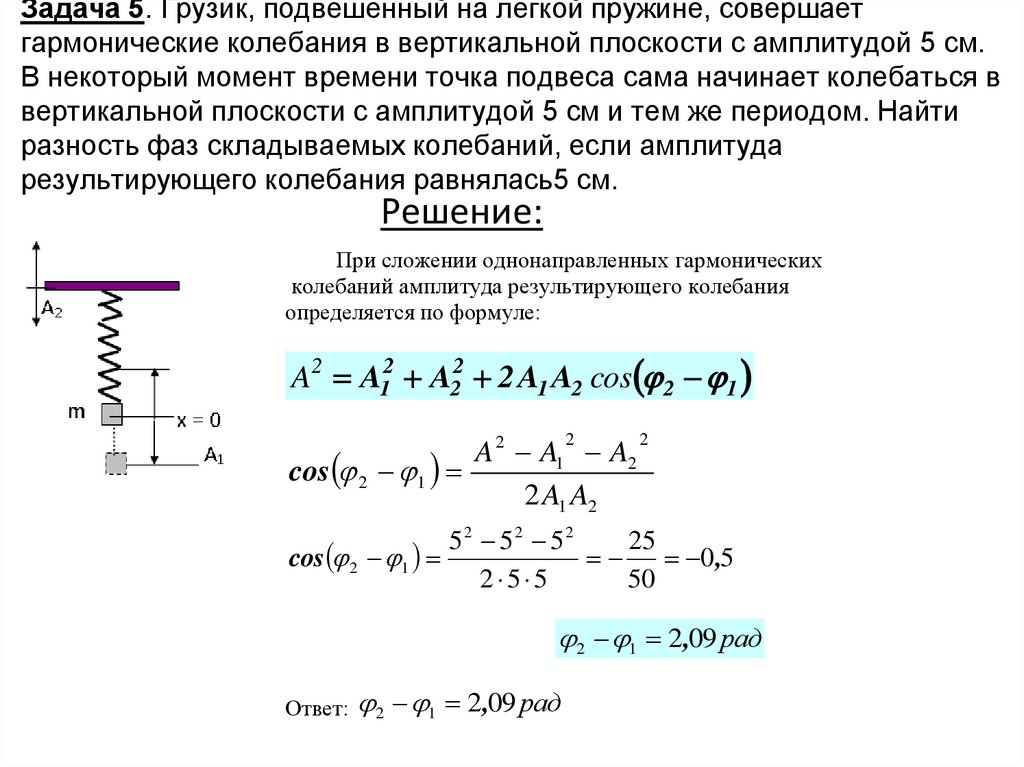 Задача 5. Грузик, подвешенный на легкой пружине, совершает гармонические колебания в вертикальной плоскости с амплитудой 5 см.