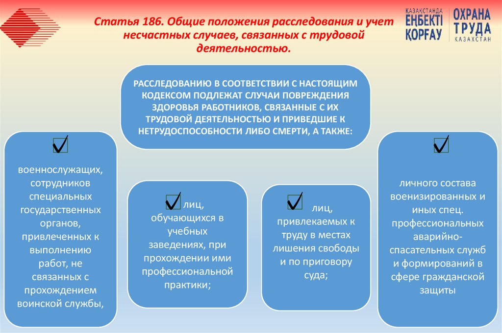 Статья 186. Общие положения расследования и учет несчастных случаев, связанных с трудовой деятельностью.