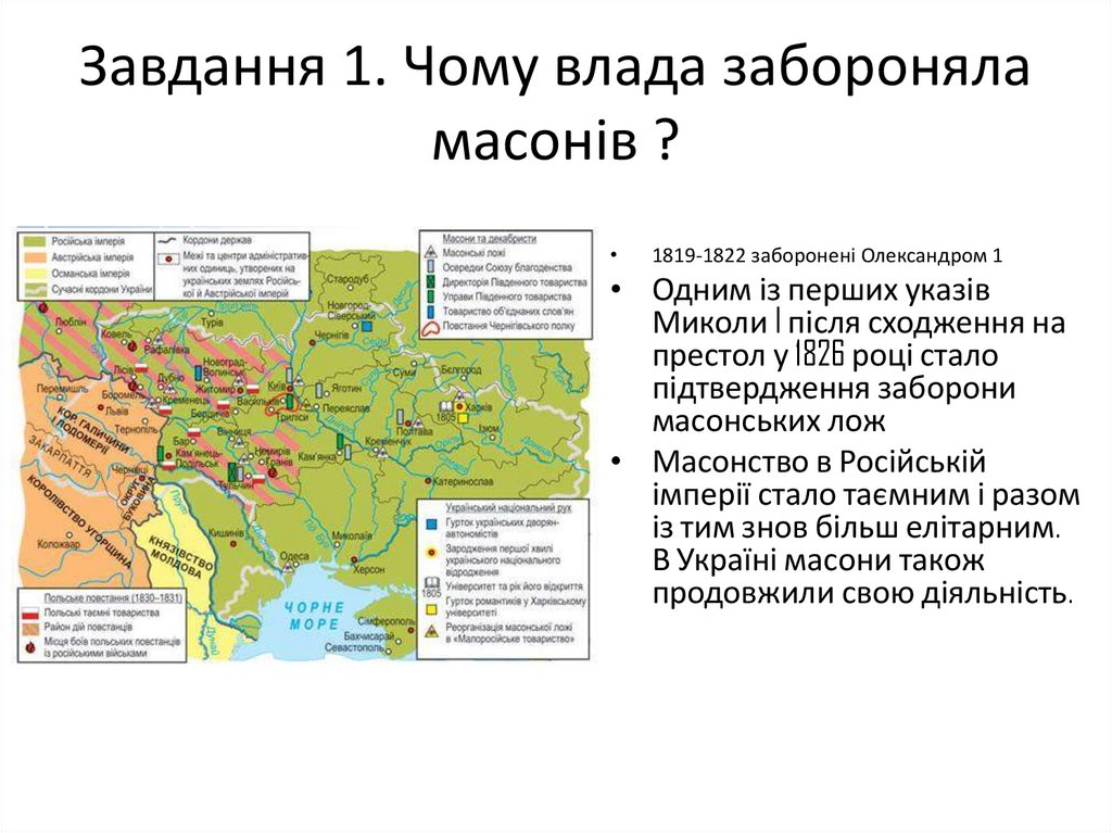 Завдання 1. Чому влада забороняла масонів ?