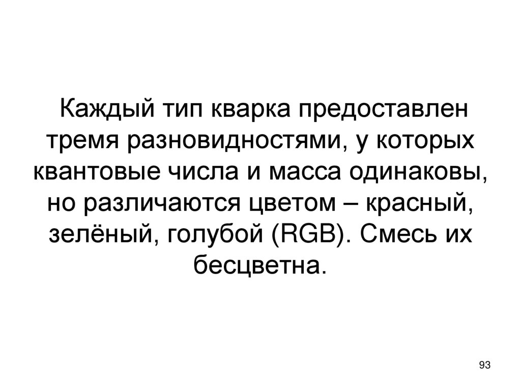 Каждый тип кварка предоставлен тремя разновидностями, у которых квантовые числа и масса одинаковы, но различаются цветом –