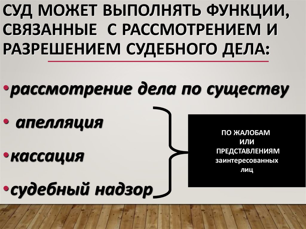 Суд может выполнять функции, связанные с рассмотрением и разрешением судебного дела:
