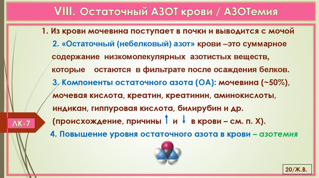 VIII. Остаточный АЗОТ крови / АЗОТемия