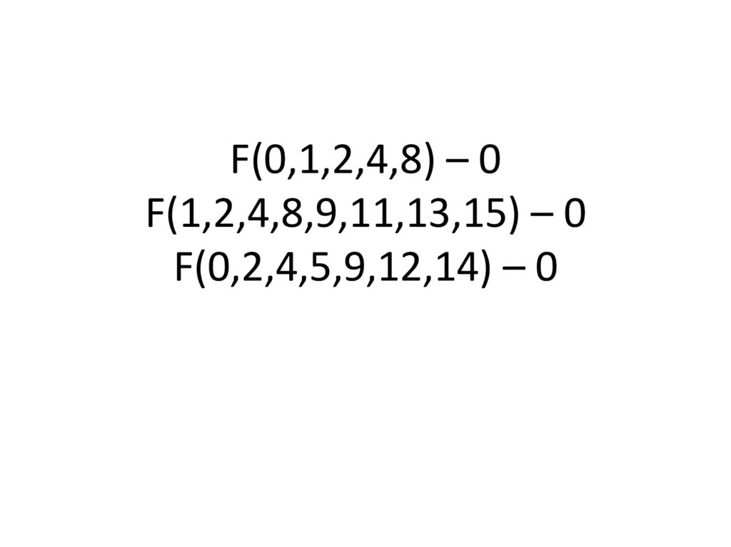 F(0,1,2,4,8) – 0 F(1,2,4,8,9,11,13,15) – 0 F(0,2,4,5,9,12,14) – 0