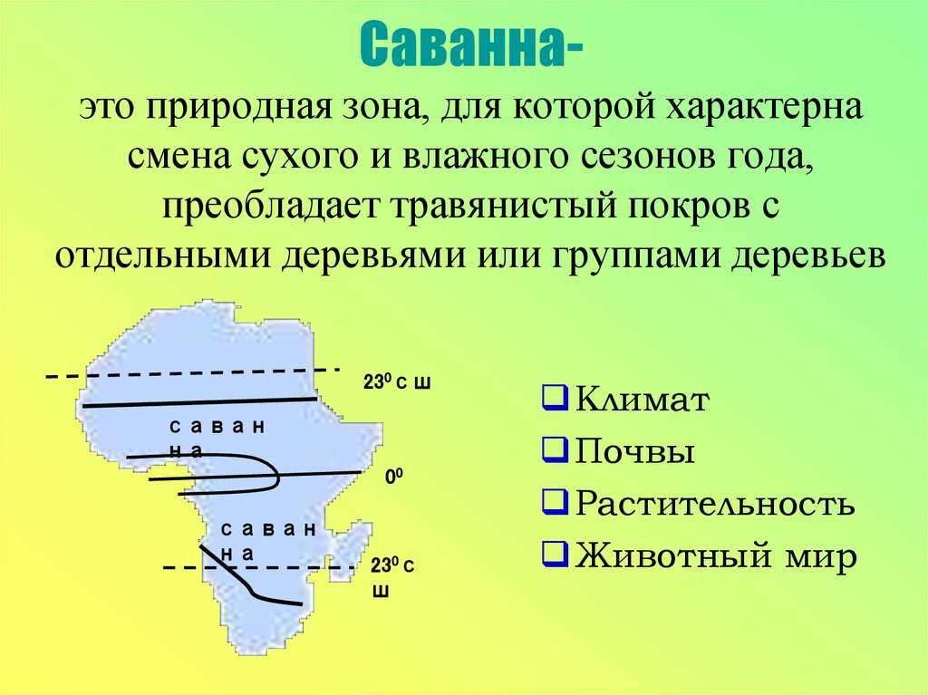 Саванна- это природная зона, для которой характерна смена сухого и влажного сезонов года, преобладает травянистый покров с