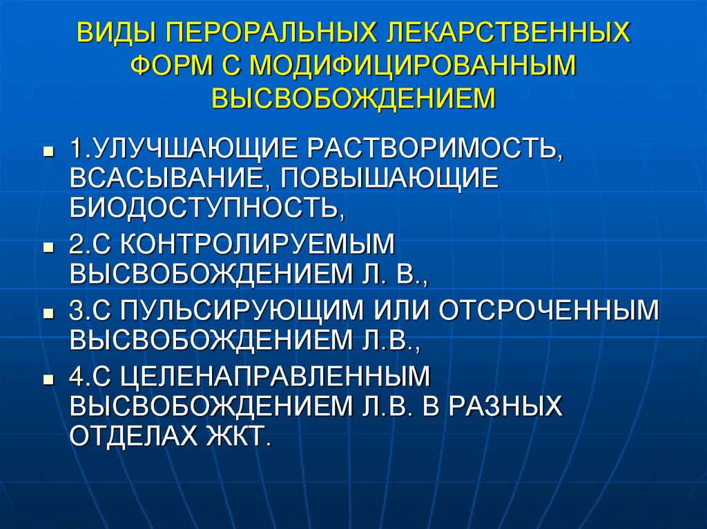 ВИДЫ ПЕРОРАЛЬНЫХ ЛЕКАРСТВЕННЫХ ФОРМ С МОДИФИЦИРОВАННЫМ ВЫСВОБОЖДЕНИЕМ