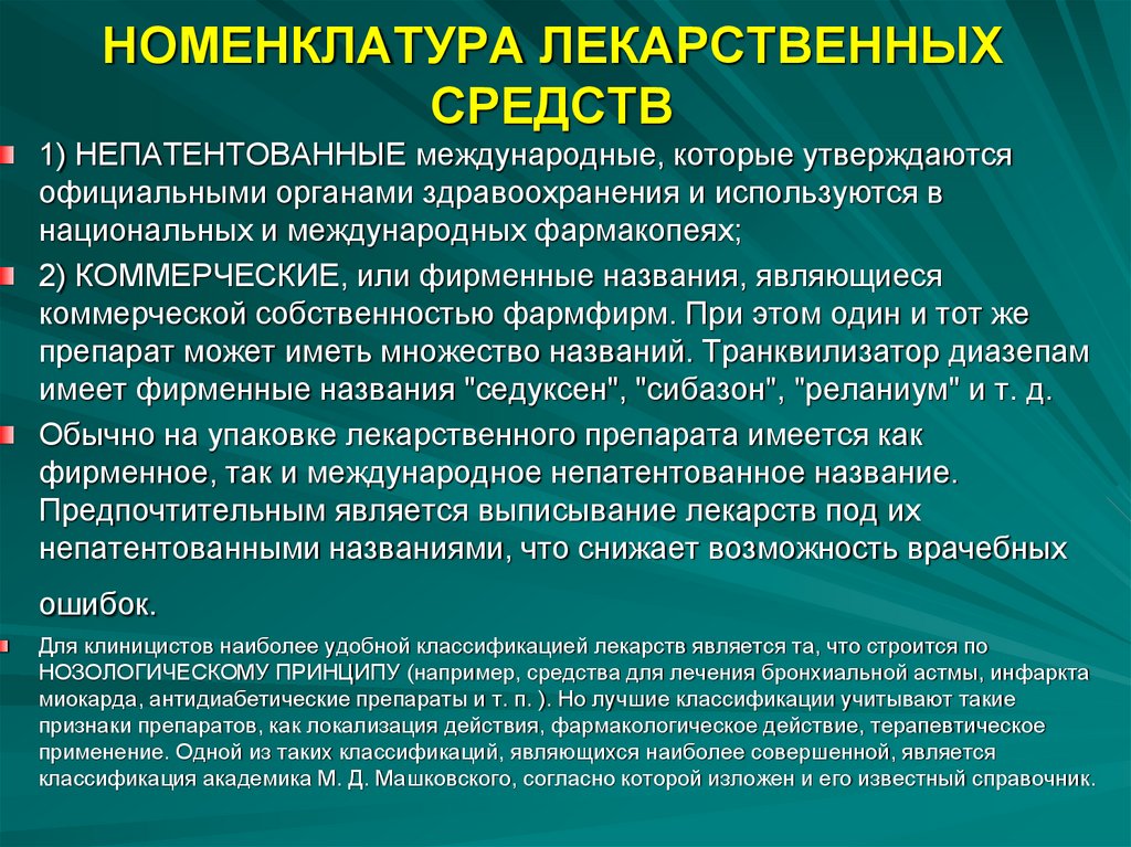 НОМЕНКЛАТУРА ЛЕКАРСТВЕННЫХ СРЕДСТВ