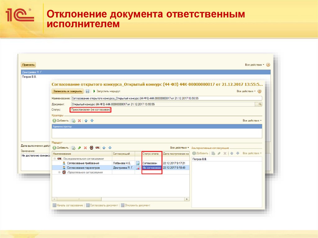 Отклонение документа ответственным исполнителем