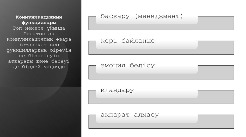 Коммуникацияның функциялары Топ немесе ұйымда болатын әр коммуникациялық өзара іс-әрекет осы функциялардың біреуін не