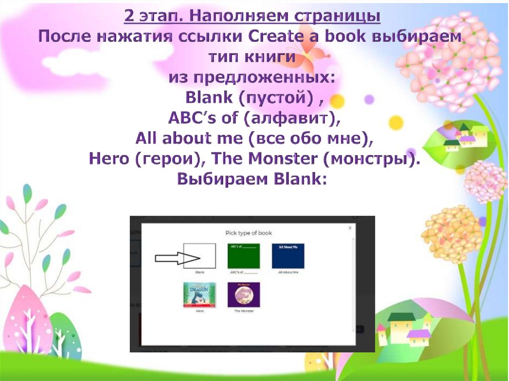 2 этап. Наполняем страницы После нажатия ссылки Create a book выбираем тип книги из предложенных: Blank (пустой) , ABC’s of