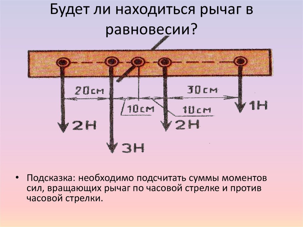 Будет ли находиться рычаг в равновесии?
