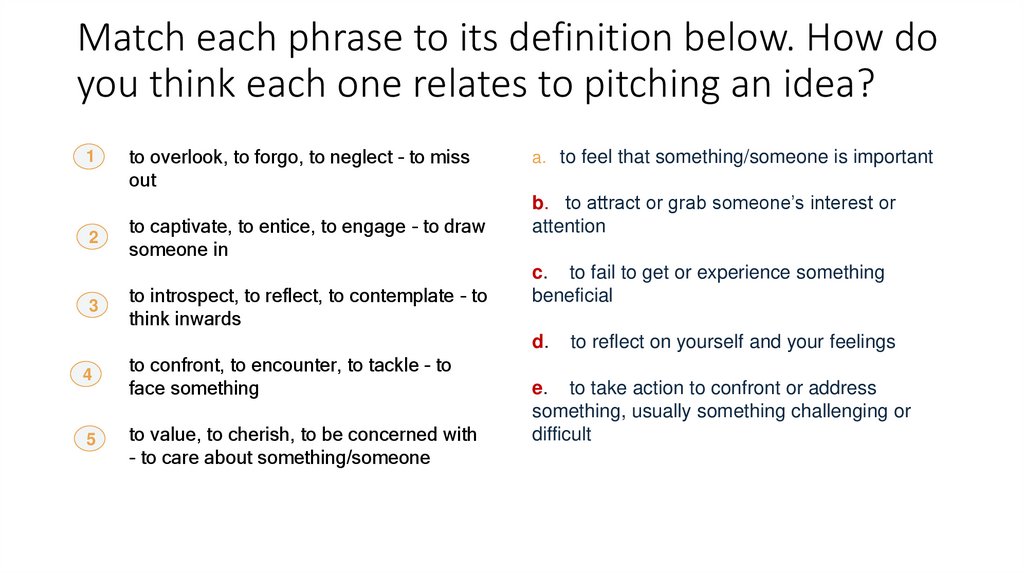 Match each phrase to its definition below. How do you think each one relates to pitching an idea?
