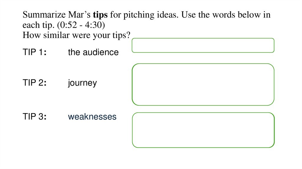 Summarize Mar’s tips for pitching ideas. Use the words below in each tip. (0:52 - 4:30) How similar were your tips?