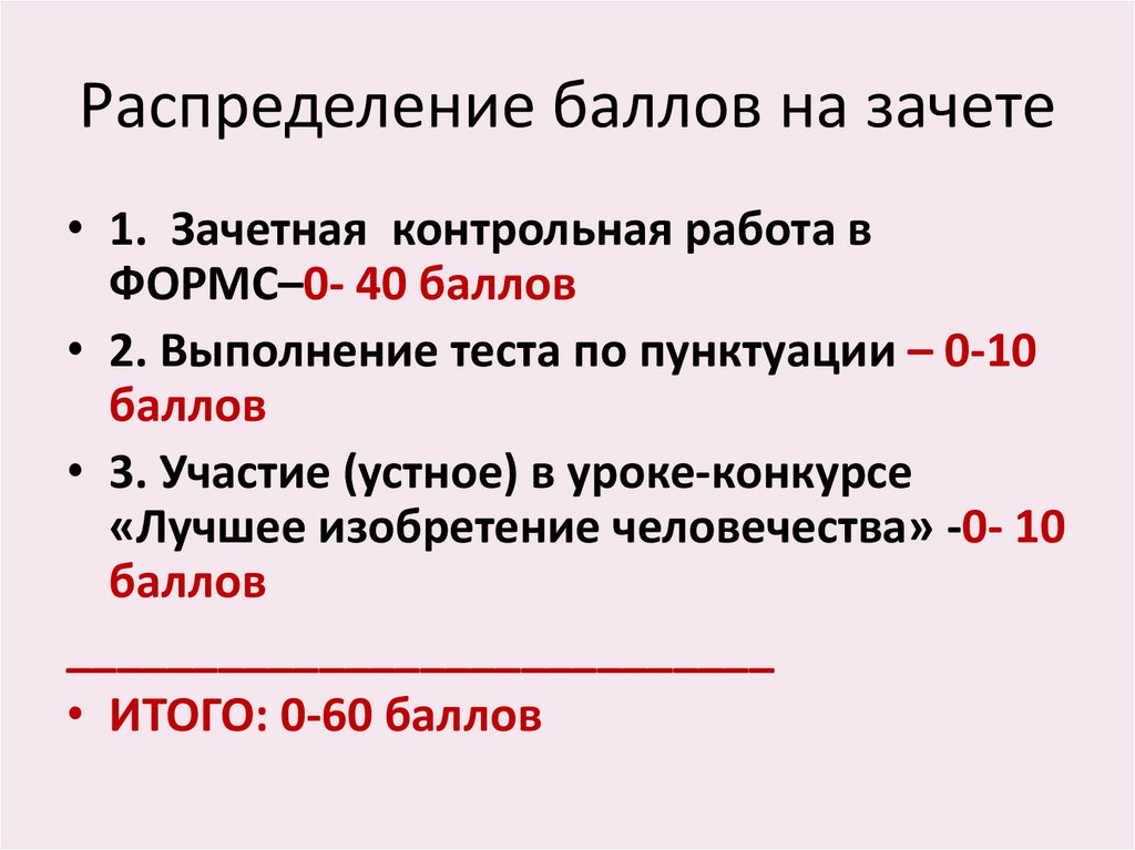 Распределение баллов на зачете
