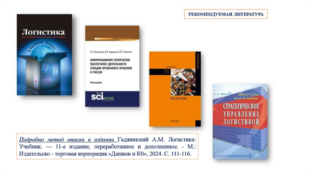 Подробно метод описан в издании Гаджинский А.М. Логистика: Учебник. — 11-е издание, переработанное и дополненное. - М.: