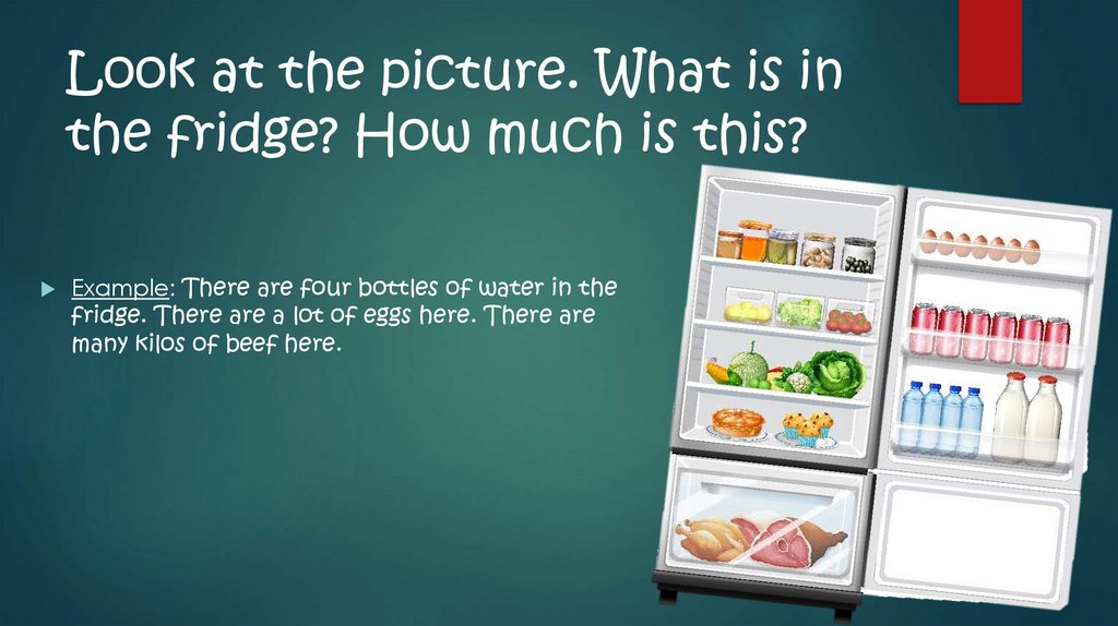 Look at the picture. What is in the fridge? How much is this?