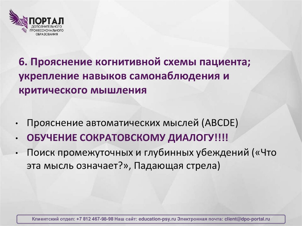 6. Прояснение когнитивной схемы пациента; укрепление навыков самонаблюдения и критического мышления