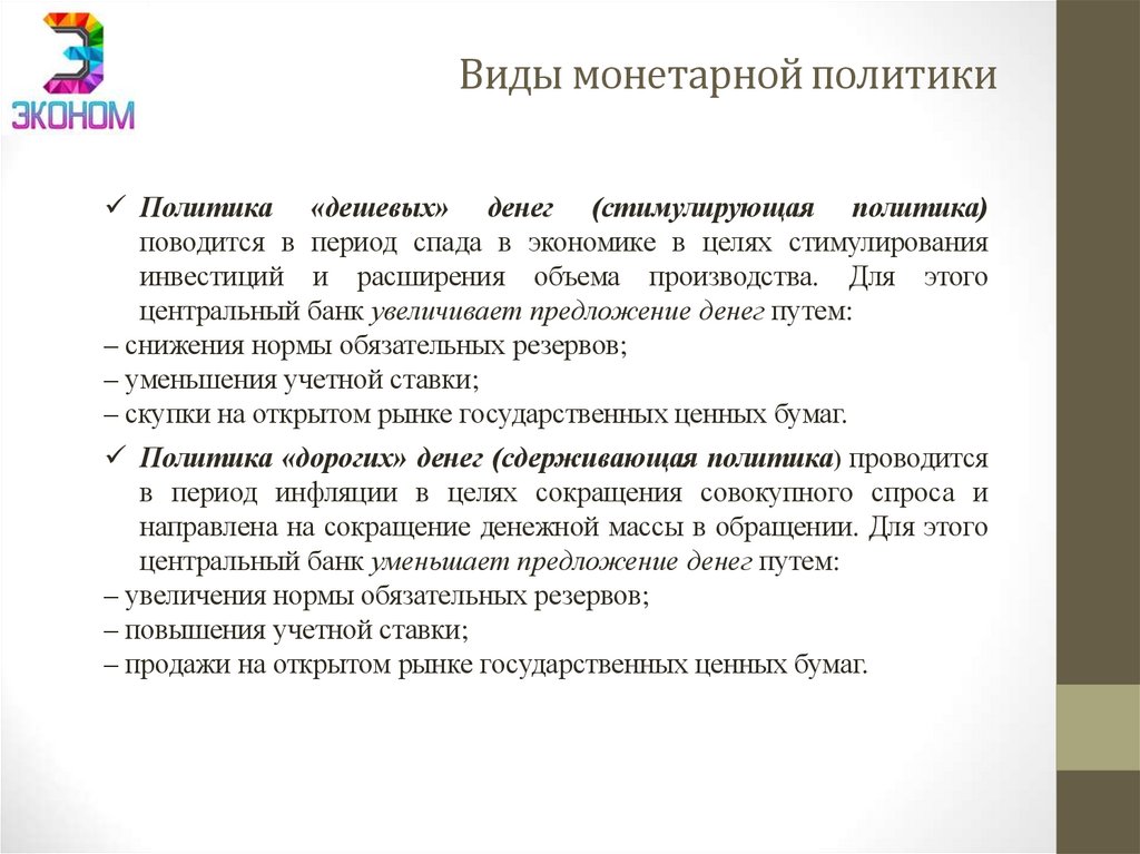 Виды монетарной политики