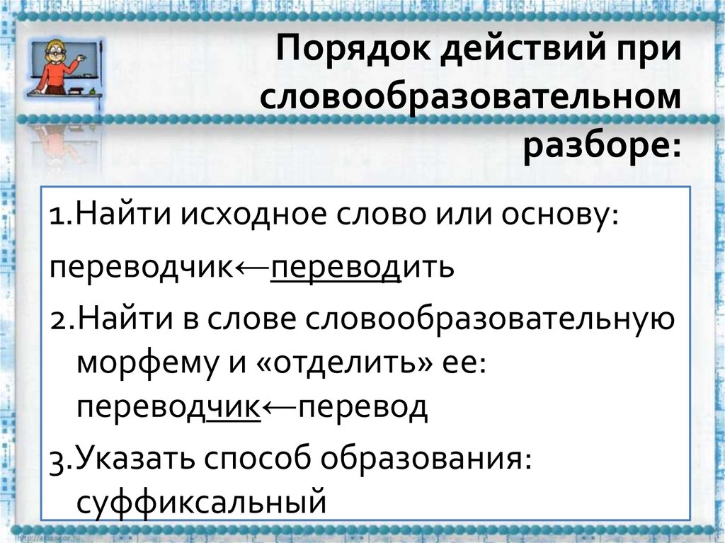 Порядок действий при словообразовательном разборе: