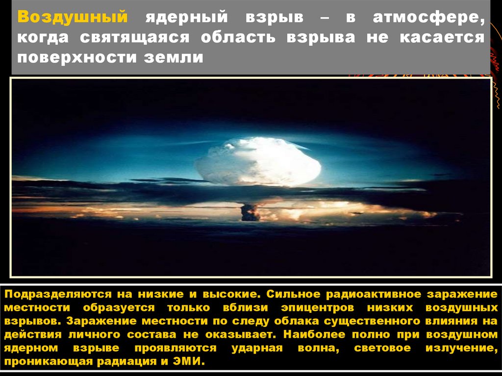 Воздушный ядерный взрыв – в атмосфере, когда святящаяся область взрыва не касается поверхности земли