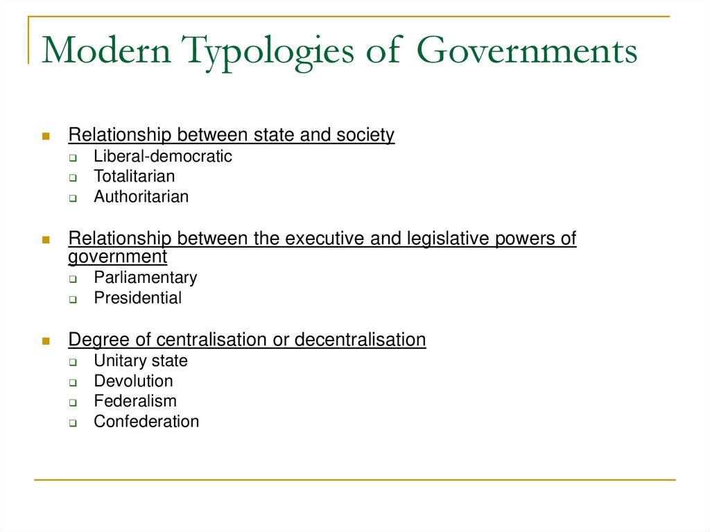 Modern Typologies of Governments