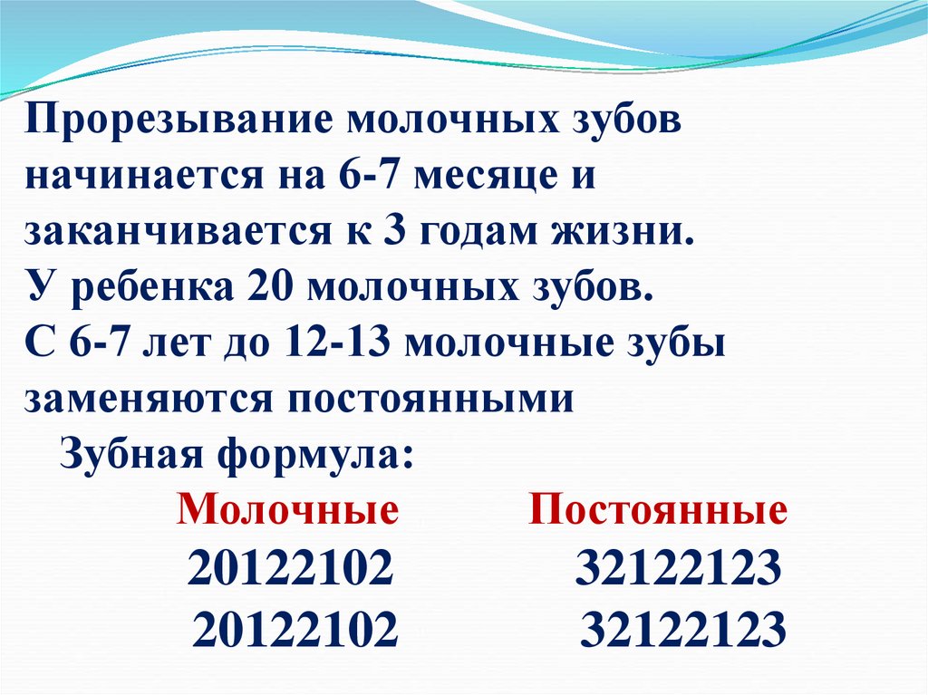 Прорезывание молочных зубов начинается на 6-7 месяце и заканчивается к 3 годам жизни. У ребенка 20 молочных зубов. С 6-7 лет до