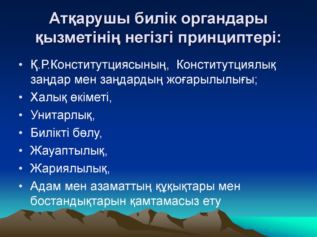 Атқарушы билік органдары қызметінің негізгі принциптері: