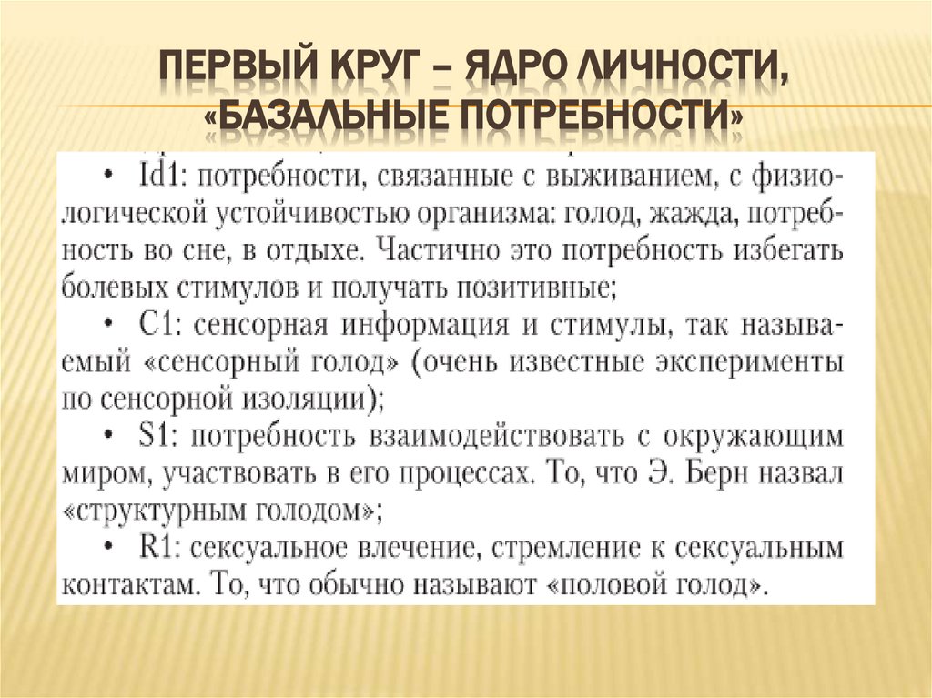 Первый круг – ядро личности, «базальные потребности»