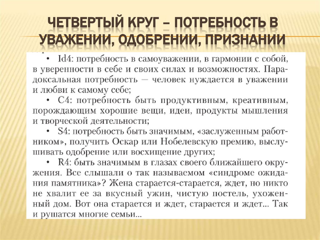 Четвертый круг – потребность в уважении, одобрении, признании