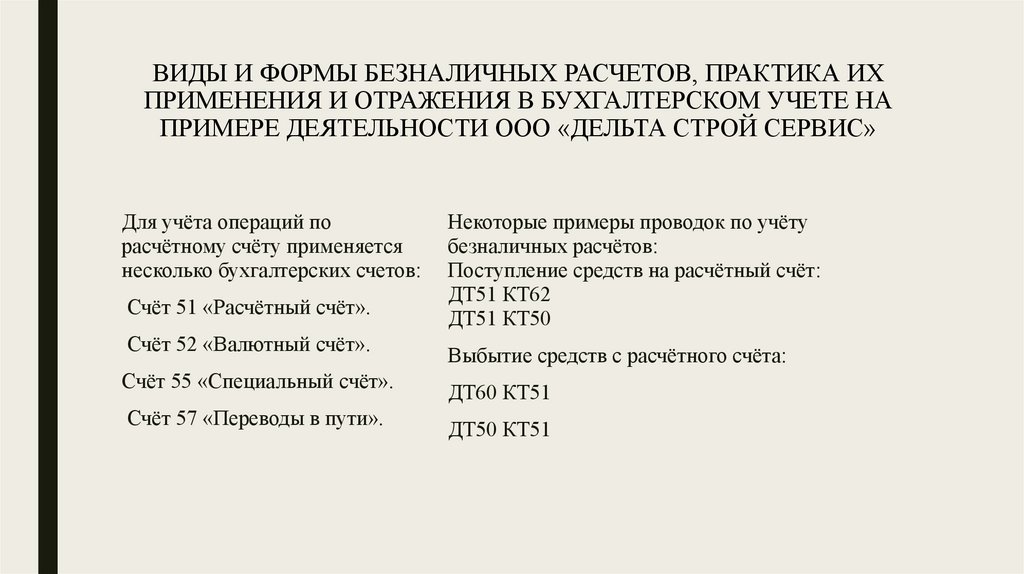 ВИДЫ И ФОРМЫ БЕЗНАЛИЧНЫХ РАСЧЕТОВ, ПРАКТИКА ИХ ПРИМЕНЕНИЯ И ОТРАЖЕНИЯ В БУХГАЛТЕРСКОМ УЧЕТЕ НА ПРИМЕРЕ ДЕЯТЕЛЬНОСТИ ООО «ДЕЛЬТА