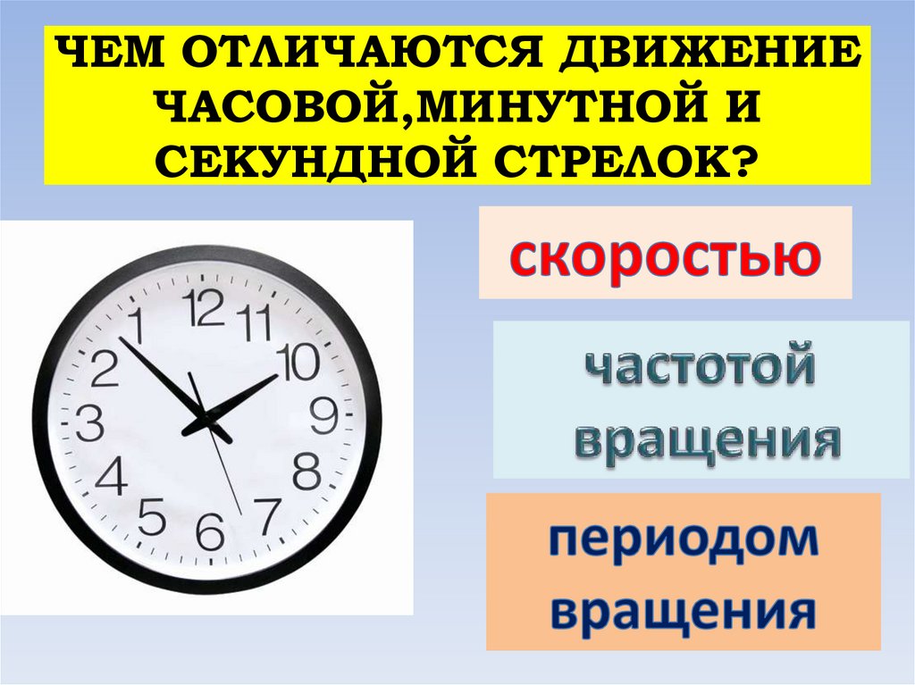 ЧЕМ ОТЛИЧАЮТСЯ ДВИЖЕНИЕ ЧАСОВОЙ,МИНУТНОЙ И СЕКУНДНОЙ СТРЕЛОК?