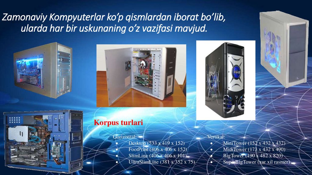 Zamonaviy Kompyuterlar ko’p qismlardan iborat bo’lib, ularda har bir uskunaning o’z vazifasi mavjud.