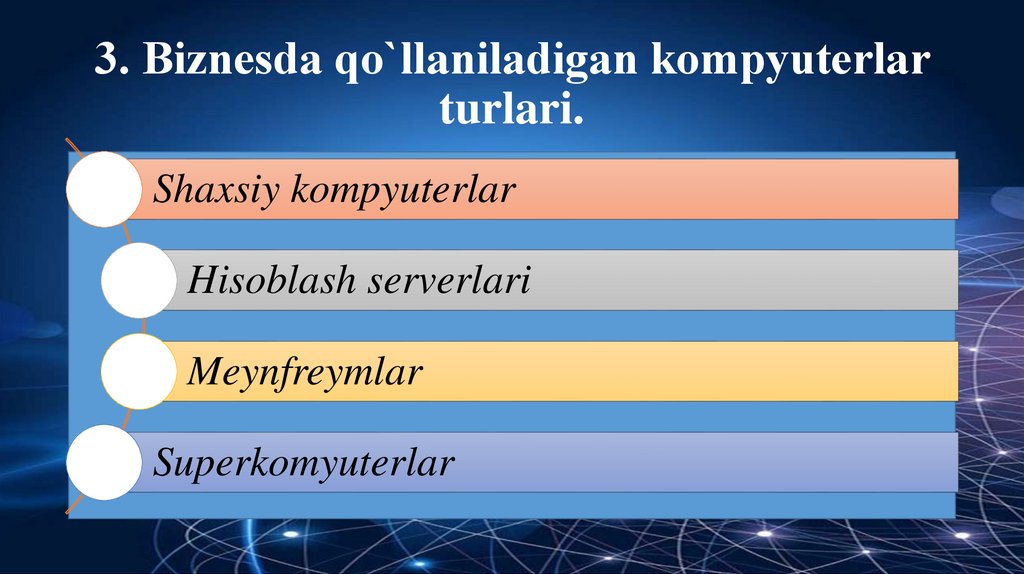 3. Biznеsda qo`llaniladigan kompyutеrlar turlari.