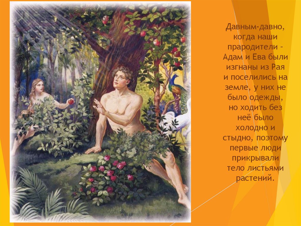 Давным-давно, когда наши прародители – Адам и Ева были изгнаны из Рая и поселились на земле, у них не было одежды, но ходить