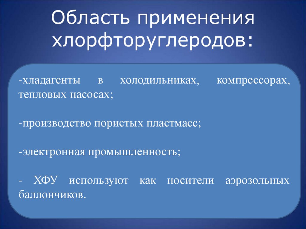 Область применения хлорфторуглеродов: