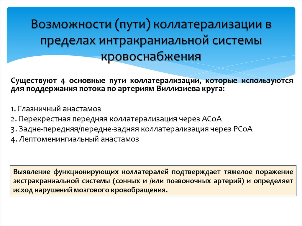 Возможности (пути) коллатерализации в пределах интракраниальной системы кровоснабжения