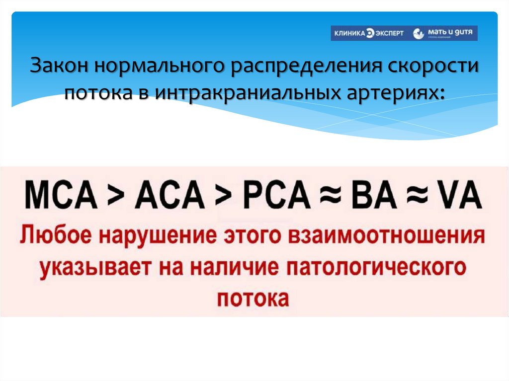Закон нормального распределения скорости потока в интракраниальных артериях: