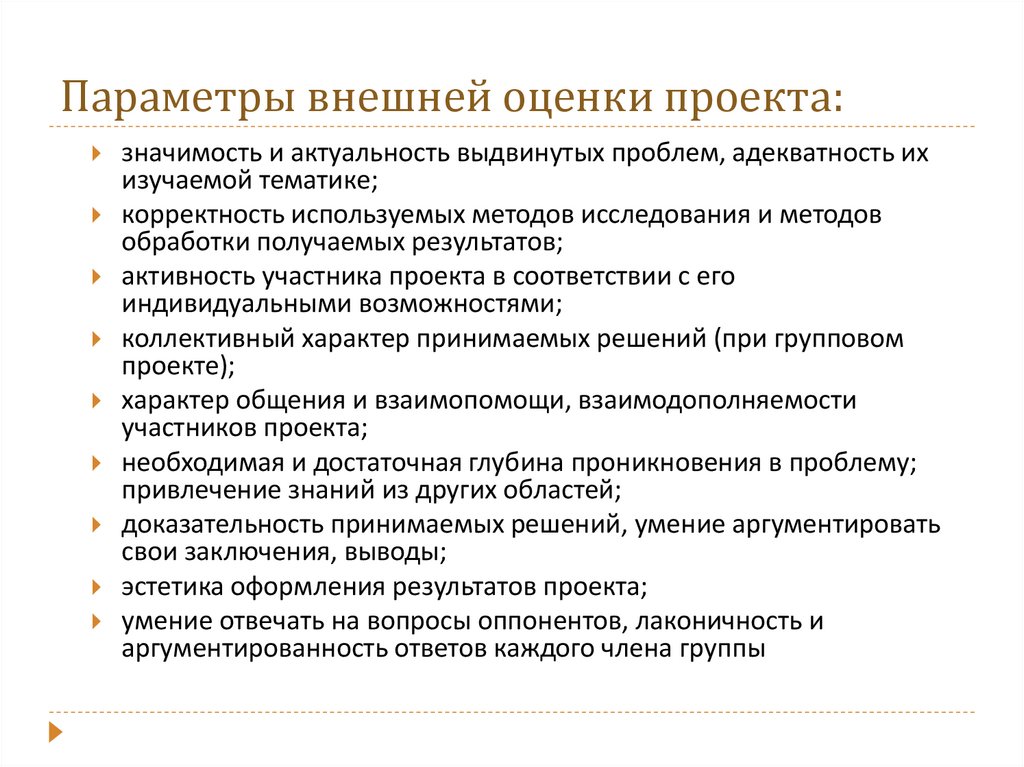 Параметры внешней оценки проекта: