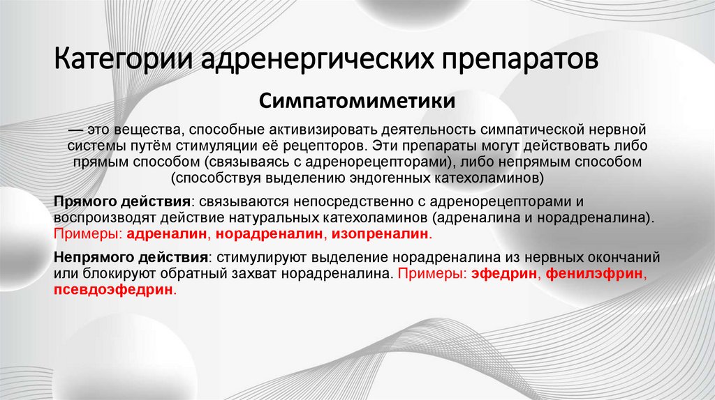 Категории адренергических препаратов