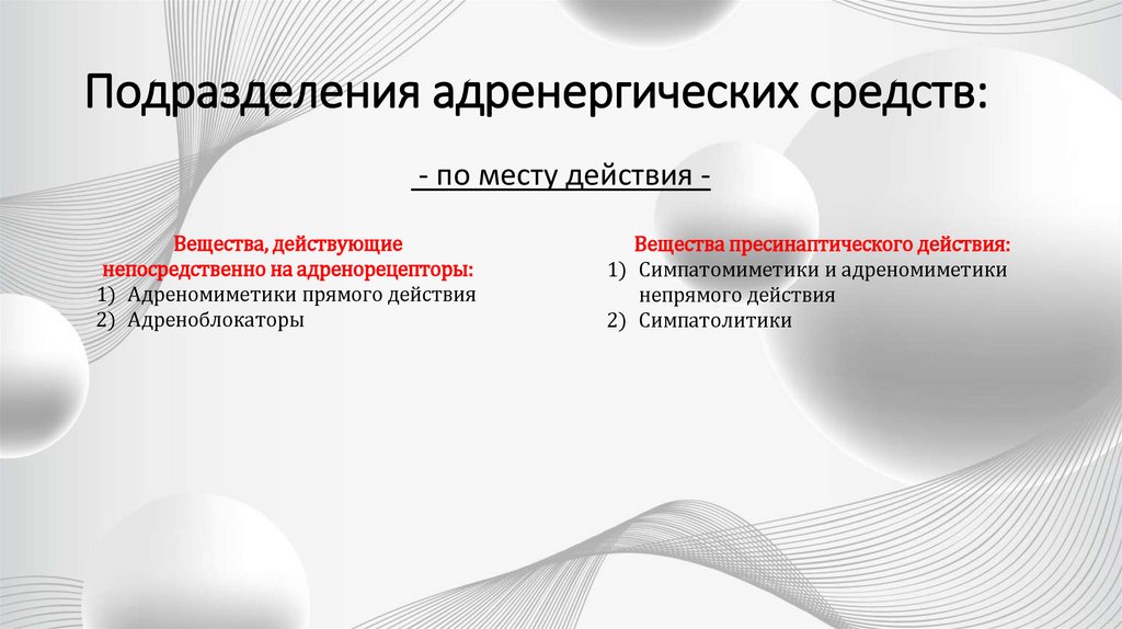 Подразделения адренергических средств: