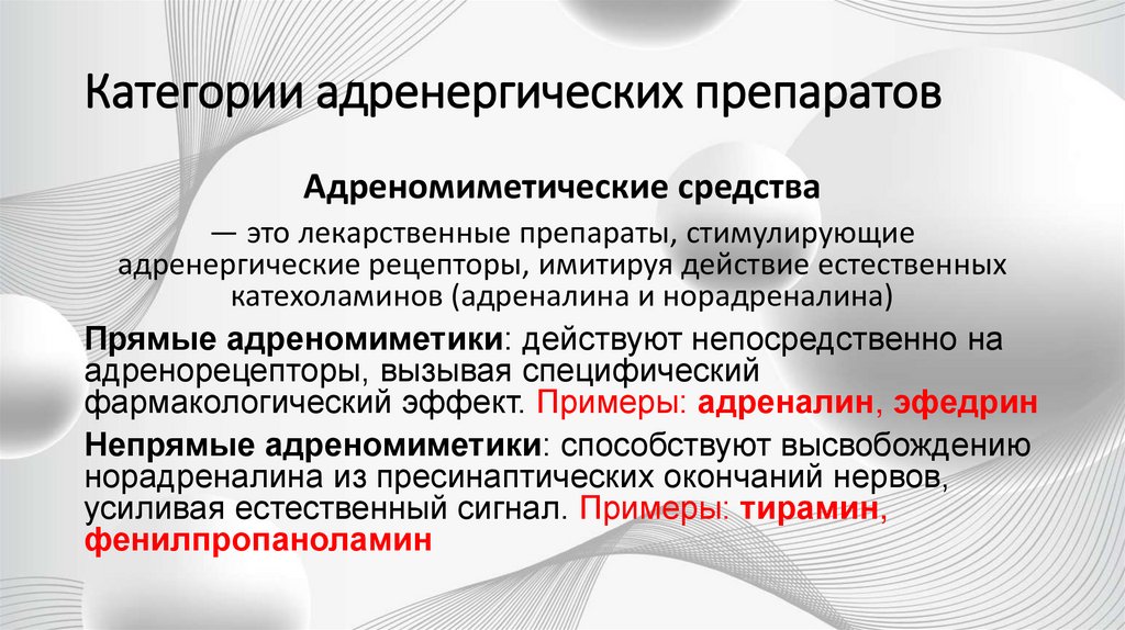 Категории адренергических препаратов