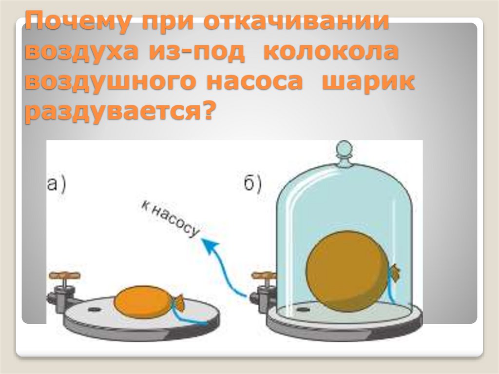 Почему при откачивании воздуха из-под колокола воздушного насоса шарик раздувается?