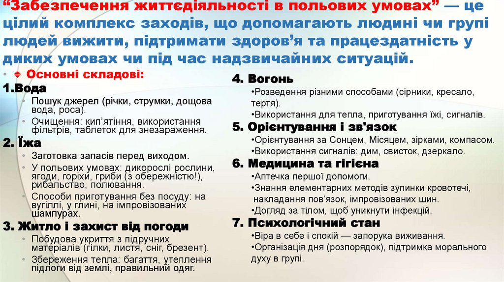 “Забезпечення життєдіяльності в польових умовах” — це цілий комплекс заходів, що допомагають людині чи групі людей вижити,