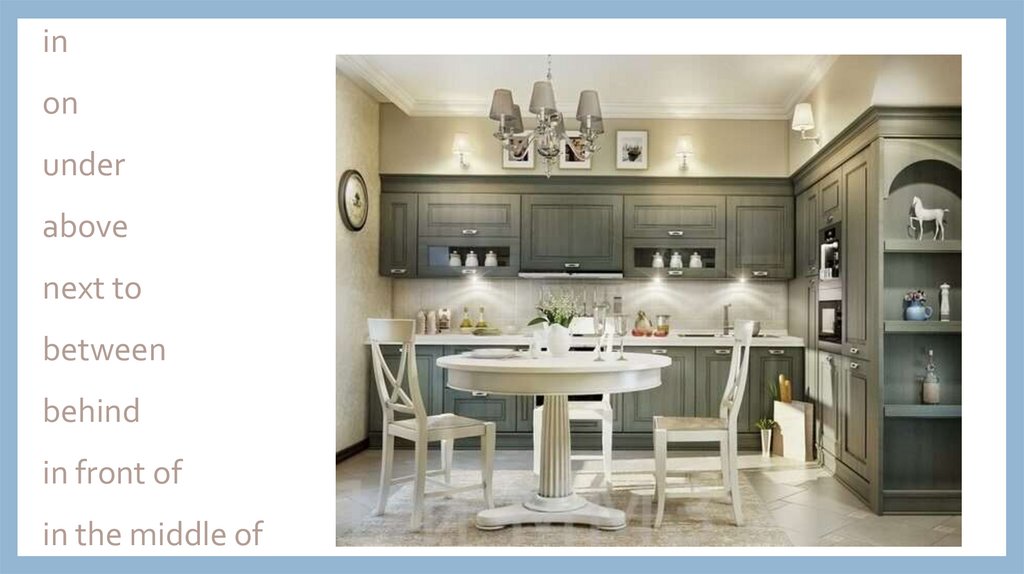 in on under above next to between behind in front of in the middle of