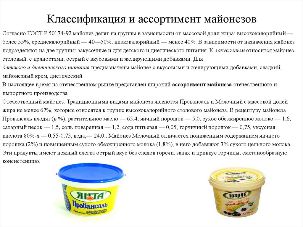Классификация и ассортимент майонезов