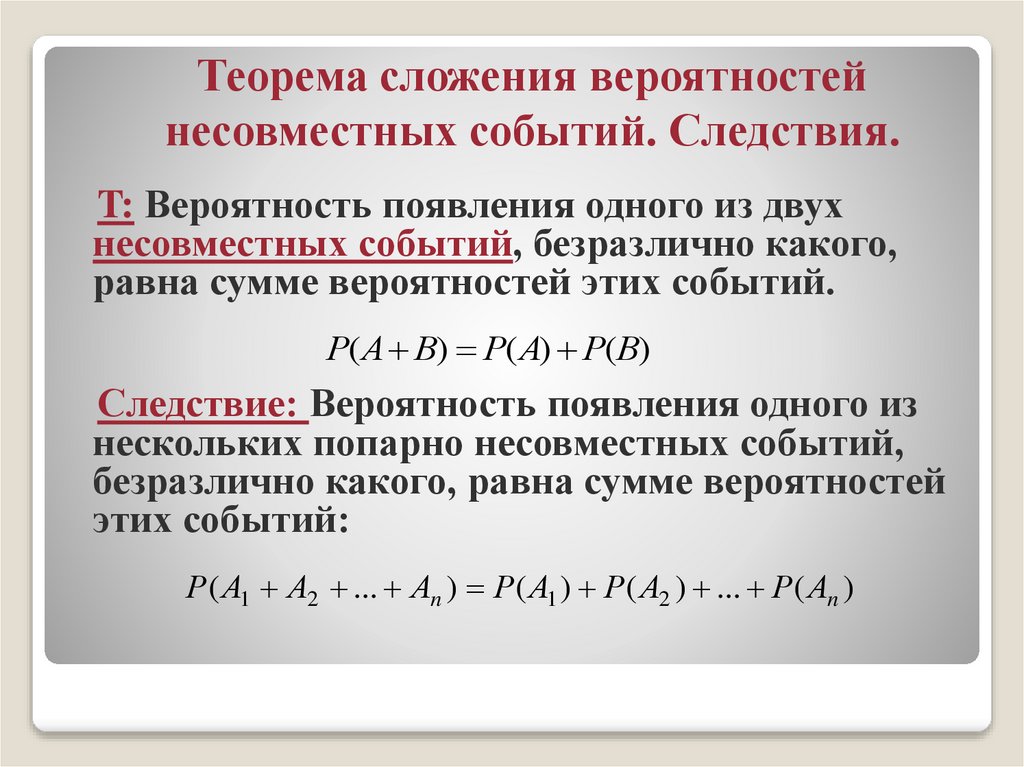 Теорема сложения вероятностей несовместных событий. Следствия.