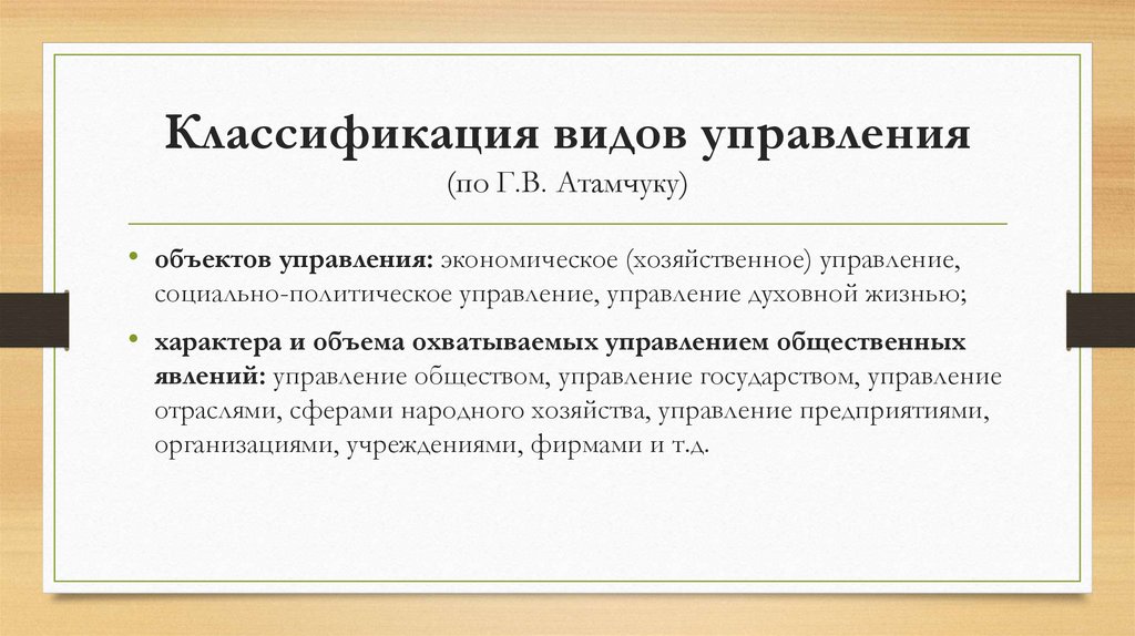 Классификация видов управления (по Г.В. Атамчуку)