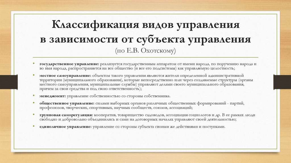 Классификация видов управления в зависимости от субъекта управления (по Е.В. Охотскому)