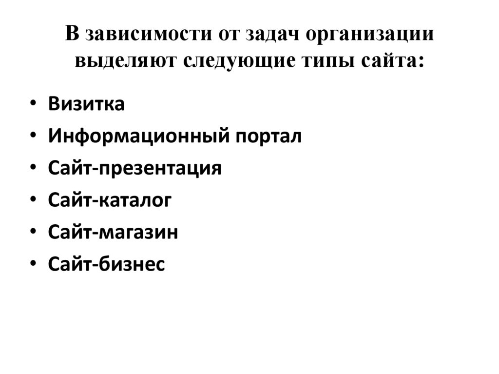 В зависимости от задач организации выделяют следующие типы сайта: